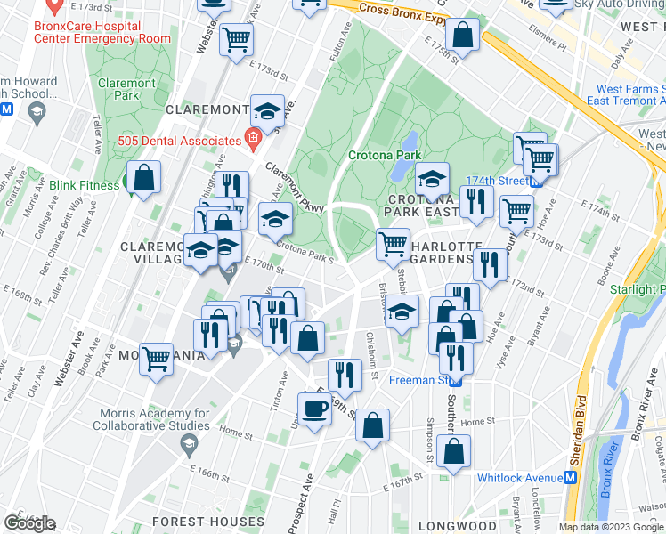 map of restaurants, bars, coffee shops, grocery stores, and more near 662 Crotona Park South in Bronx