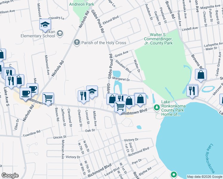 map of restaurants, bars, coffee shops, grocery stores, and more near 477 Gibbs Pond Road in Nesconset