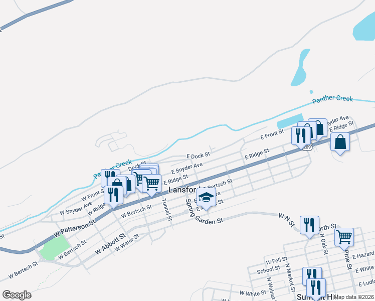 map of restaurants, bars, coffee shops, grocery stores, and more near East Dock Street in Lansford