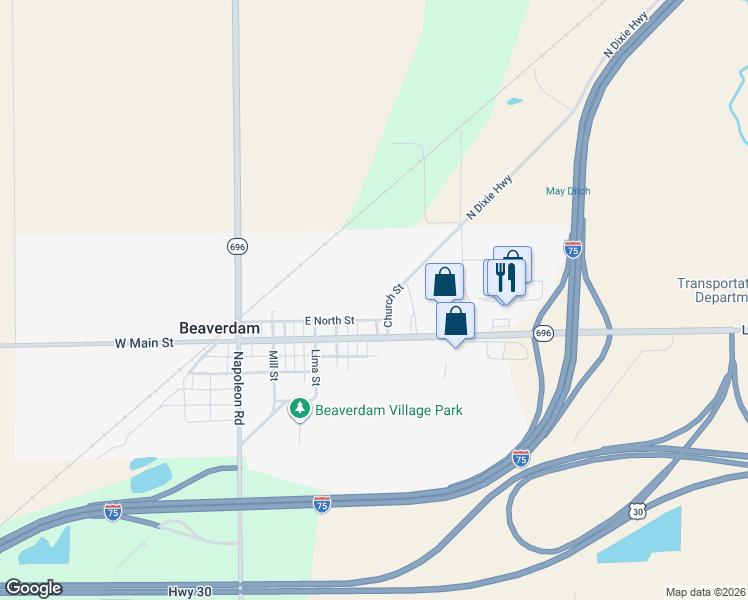 map of restaurants, bars, coffee shops, grocery stores, and more near 310 East North Street in Beaverdam