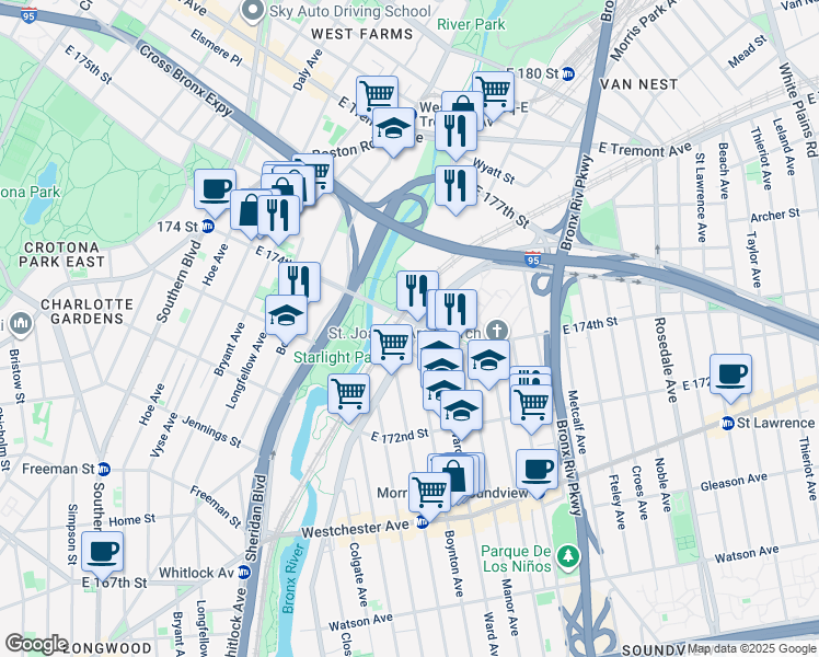 map of restaurants, bars, coffee shops, grocery stores, and more near 1413 Bronx River Avenue in Bronx
