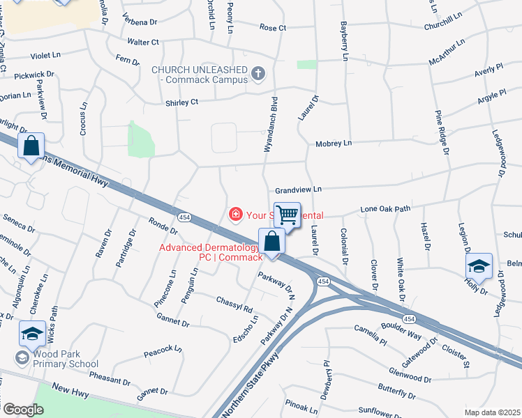 map of restaurants, bars, coffee shops, grocery stores, and more near 100 Wyandanch Boulevard in Commack