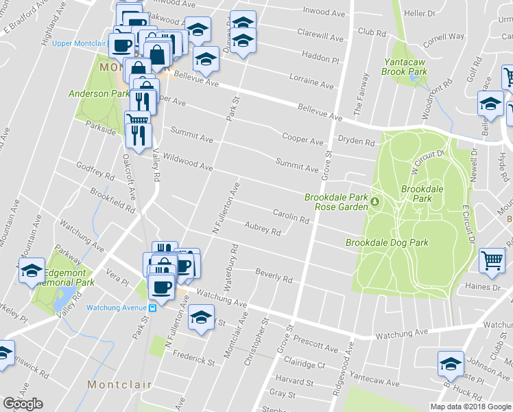 map of restaurants, bars, coffee shops, grocery stores, and more near 41 Carolin Rd in Montclair