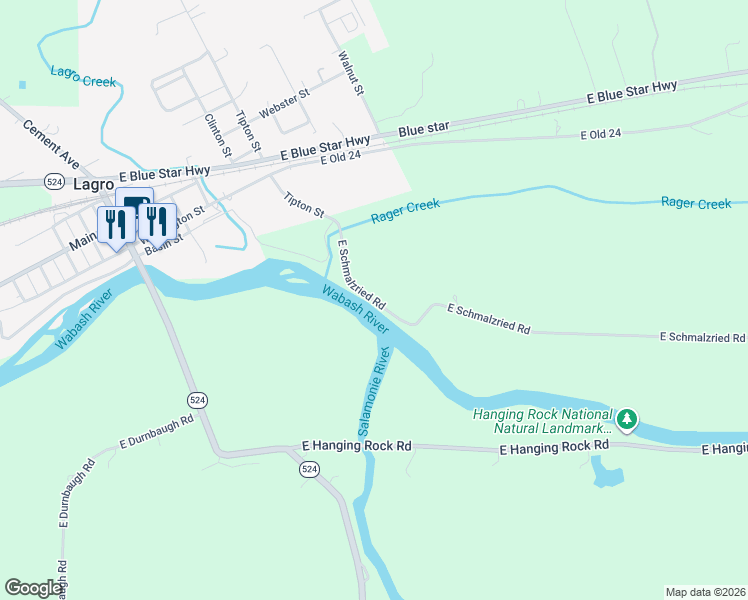 map of restaurants, bars, coffee shops, grocery stores, and more near East Schmalzried Road in Lagro