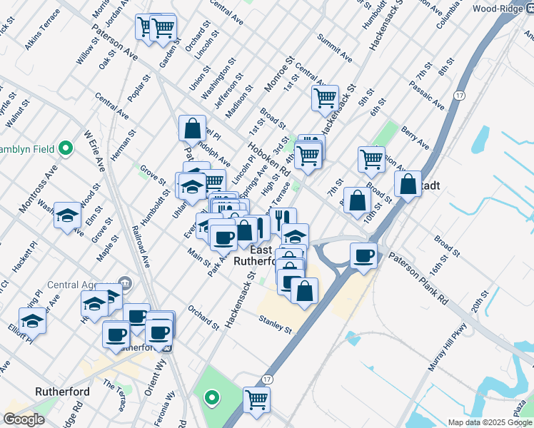 map of restaurants, bars, coffee shops, grocery stores, and more near 58 Prospect Terrace in East Rutherford