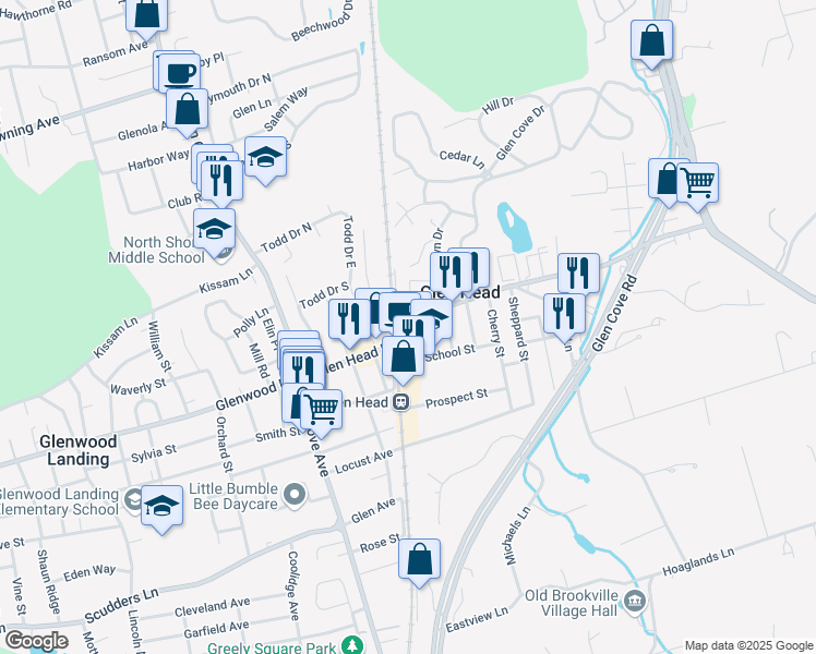 map of restaurants, bars, coffee shops, grocery stores, and more near 80 Glen Head Road in Glen Head