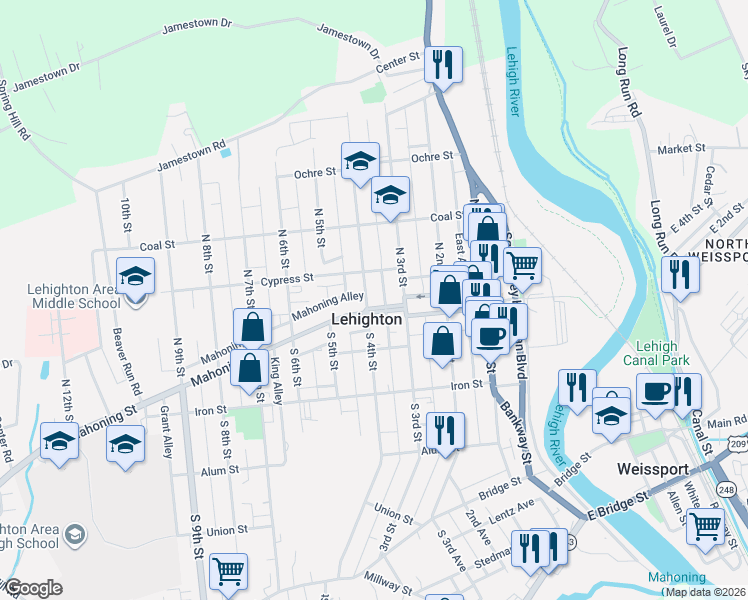 map of restaurants, bars, coffee shops, grocery stores, and more near 401 Mahoning Street in Lehighton