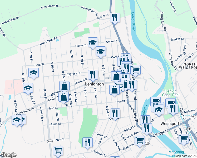 map of restaurants, bars, coffee shops, grocery stores, and more near 328 Mahoning Street in Lehighton