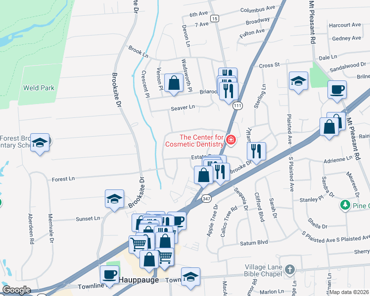 map of restaurants, bars, coffee shops, grocery stores, and more near 10 Wood Lane in Smithtown