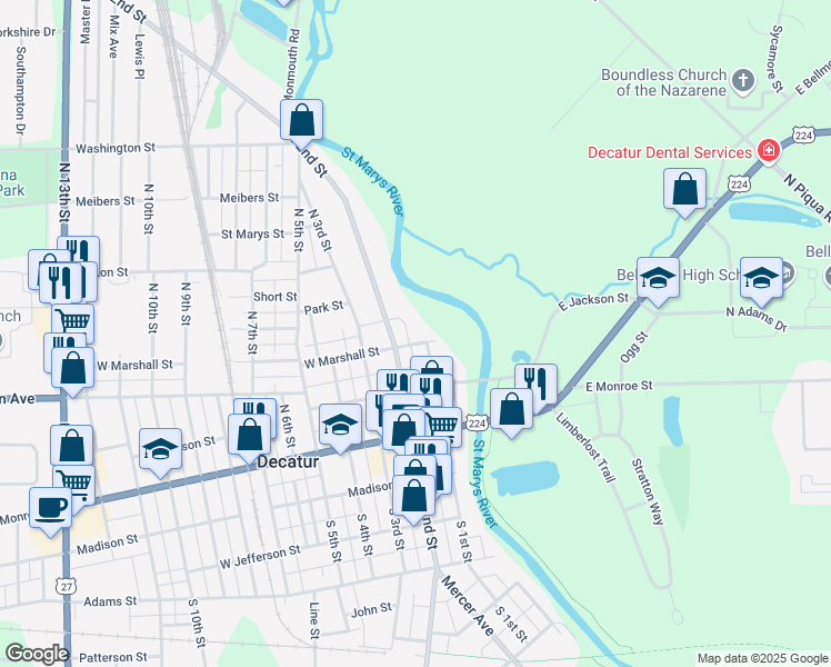 map of restaurants, bars, coffee shops, grocery stores, and more near 104 West Marshall Street in Decatur