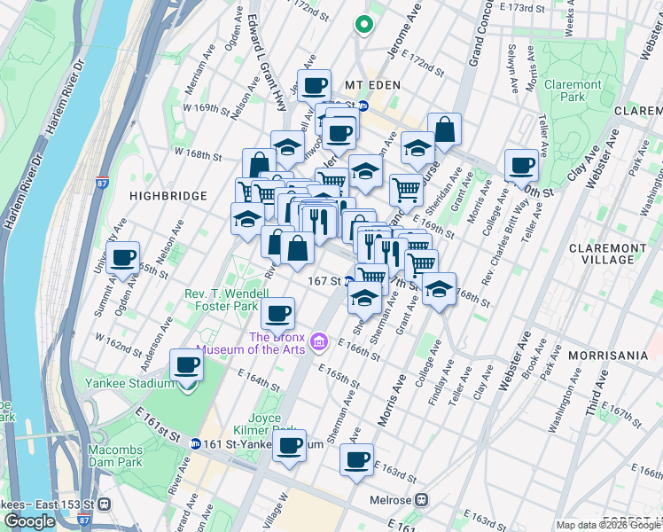 map of restaurants, bars, coffee shops, grocery stores, and more near 1197 Grand Concourse in The Bronx