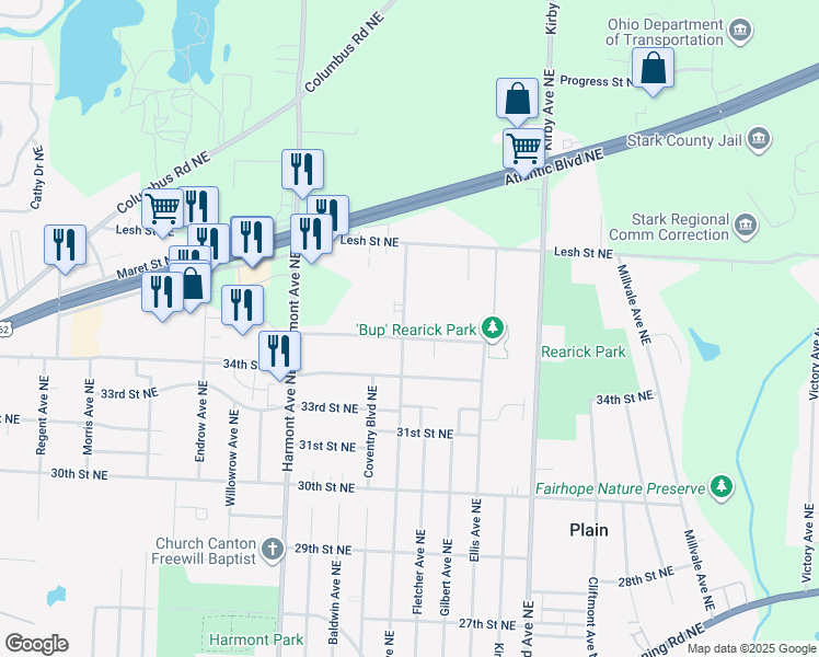 map of restaurants, bars, coffee shops, grocery stores, and more near 3705 35th Street Northeast in Canton
