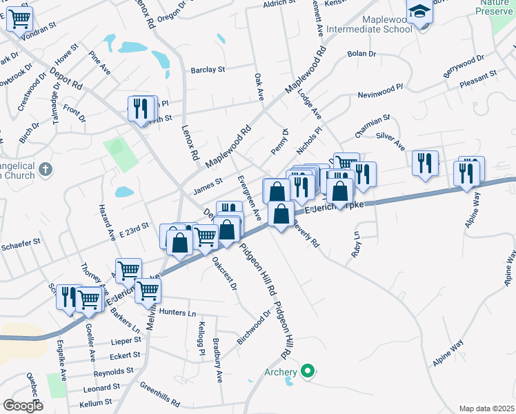 map of restaurants, bars, coffee shops, grocery stores, and more near 53 Bogart Street in Huntington Station