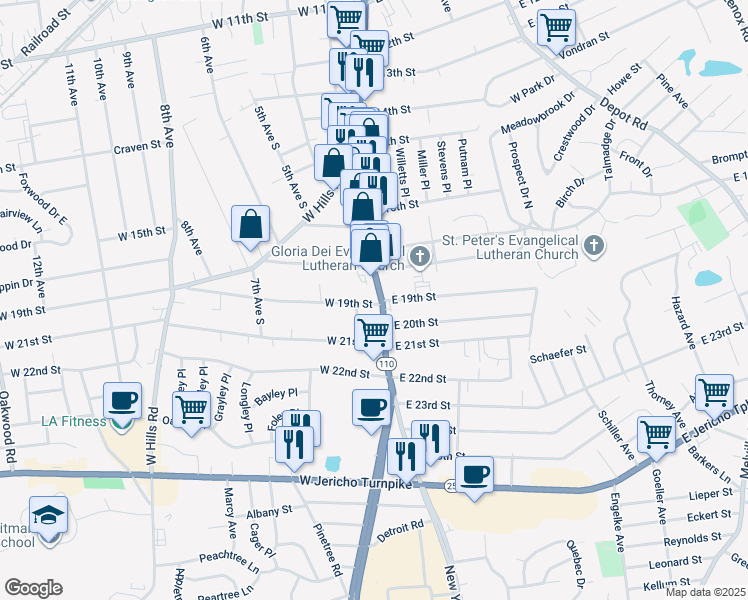 map of restaurants, bars, coffee shops, grocery stores, and more near 19691973 New York Avenue in Huntington Station