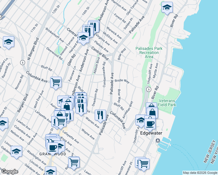 map of restaurants, bars, coffee shops, grocery stores, and more near 1095 Palisade Avenue in Fort Lee