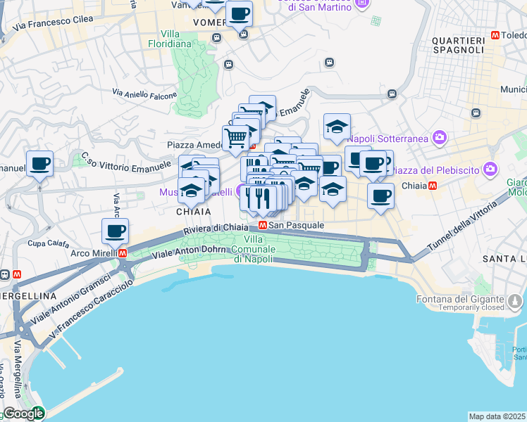 map of restaurants, bars, coffee shops, grocery stores, and more near 60 Via Giovanni Bausan in Napoli