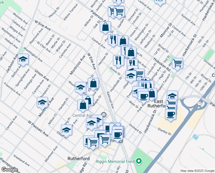 map of restaurants, bars, coffee shops, grocery stores, and more near 316 Main Street in East Rutherford