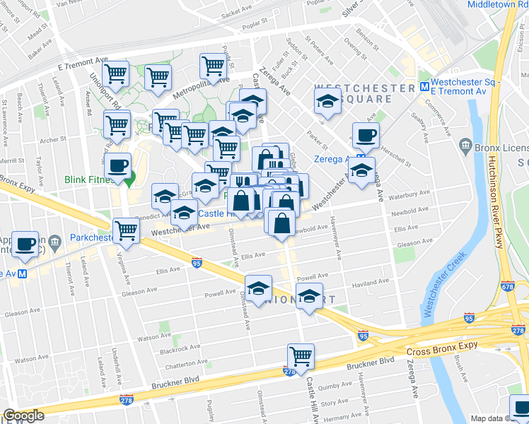 map of restaurants, bars, coffee shops, grocery stores, and more near 2167 Westchester Avenue in The Bronx