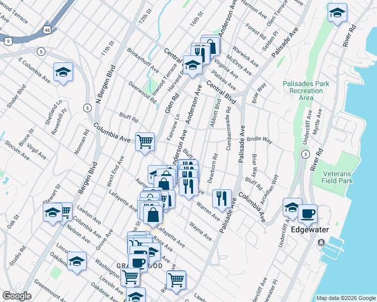 map of restaurants, bars, coffee shops, grocery stores, and more near 283 Bluff Road in Fort Lee