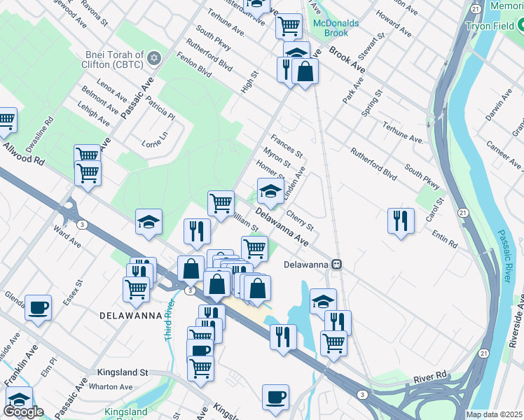 map of restaurants, bars, coffee shops, grocery stores, and more near 350 Delawanna Avenue in Clifton