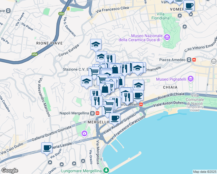 map of restaurants, bars, coffee shops, grocery stores, and more near 17 Via Francesco Giordani in Napoli