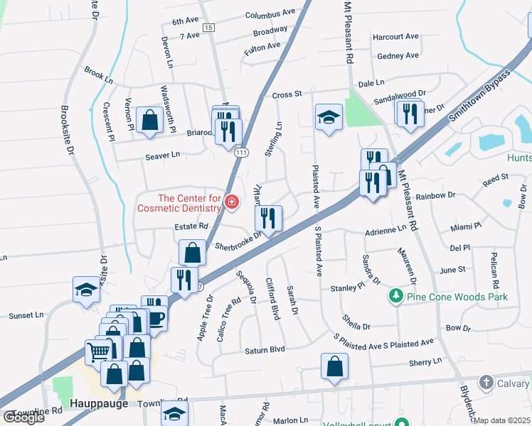 map of restaurants, bars, coffee shops, grocery stores, and more near 5 Tiffany Lane in Smithtown