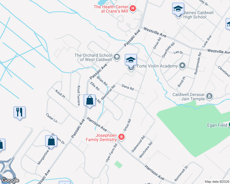 map of restaurants, bars, coffee shops, grocery stores, and more near 30 Memorial Road in West Caldwell