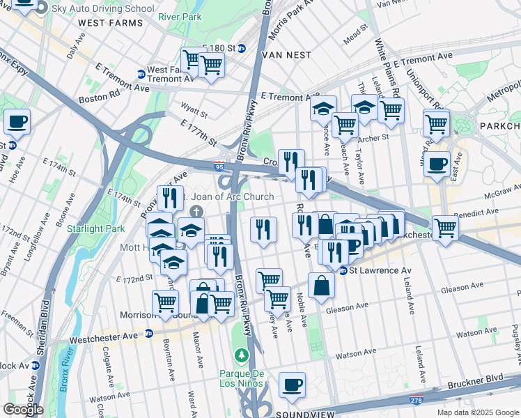 map of restaurants, bars, coffee shops, grocery stores, and more near 1693 East 174th Street in Bronx