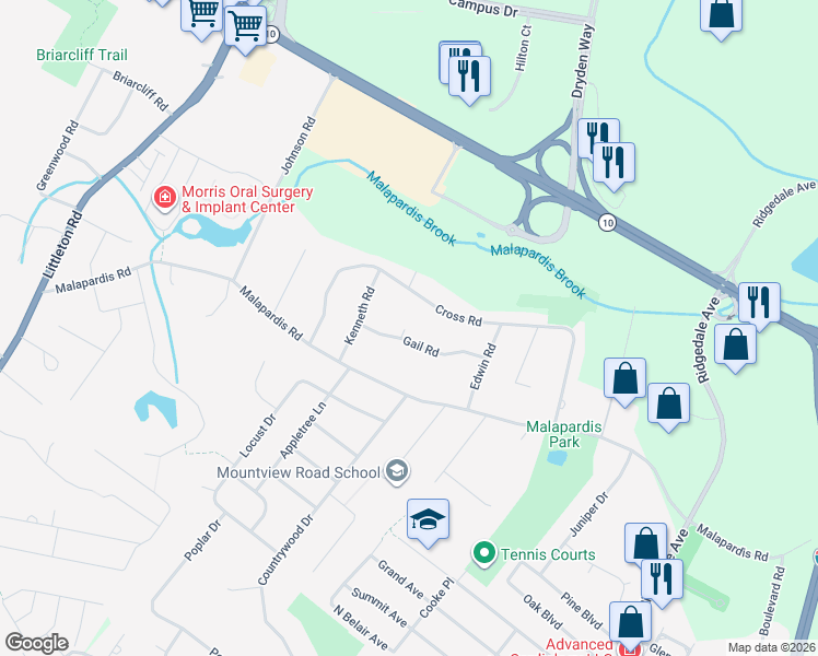 map of restaurants, bars, coffee shops, grocery stores, and more near 35 Gail Road in Morris Plains