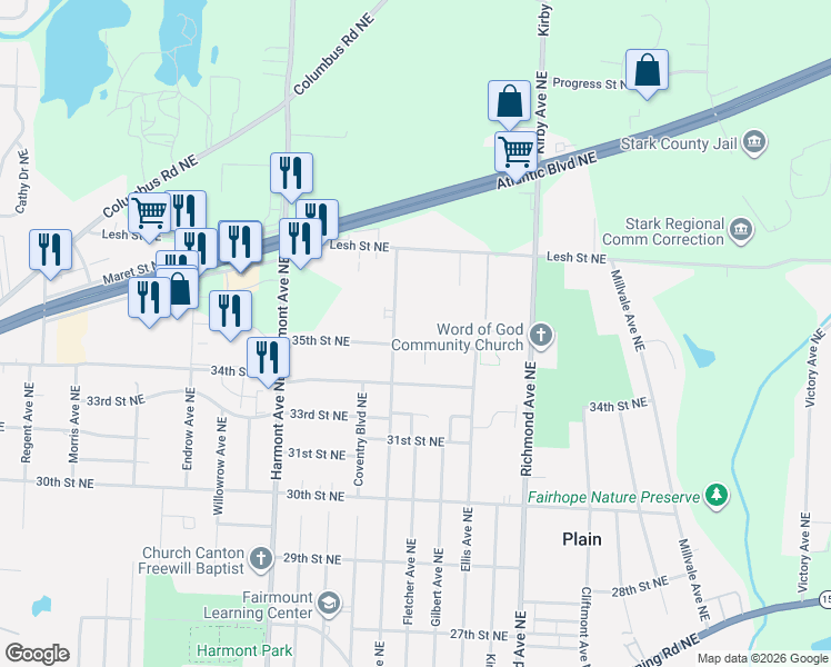 map of restaurants, bars, coffee shops, grocery stores, and more near 3705 35th Street Northeast in Canton