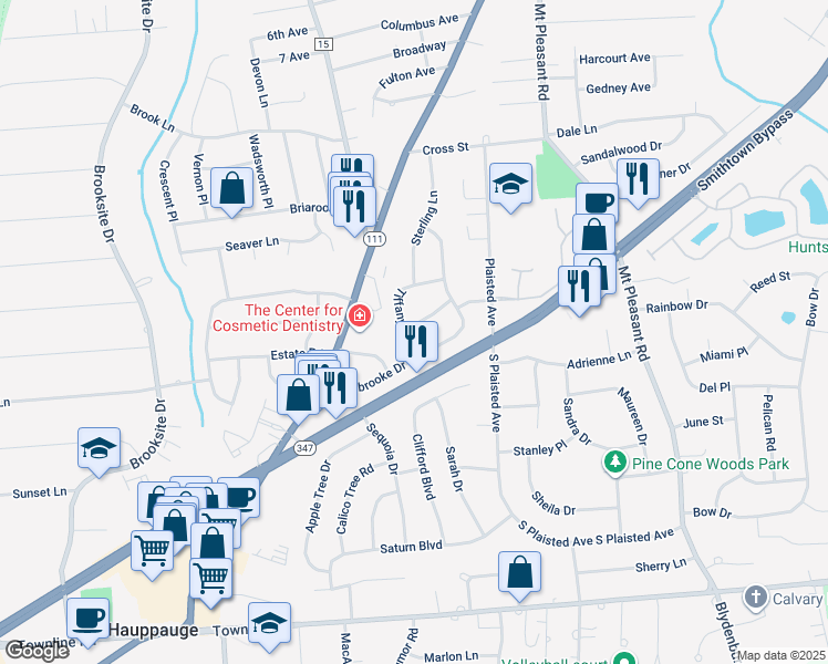 map of restaurants, bars, coffee shops, grocery stores, and more near 5 Tiffany Lane in Smithtown