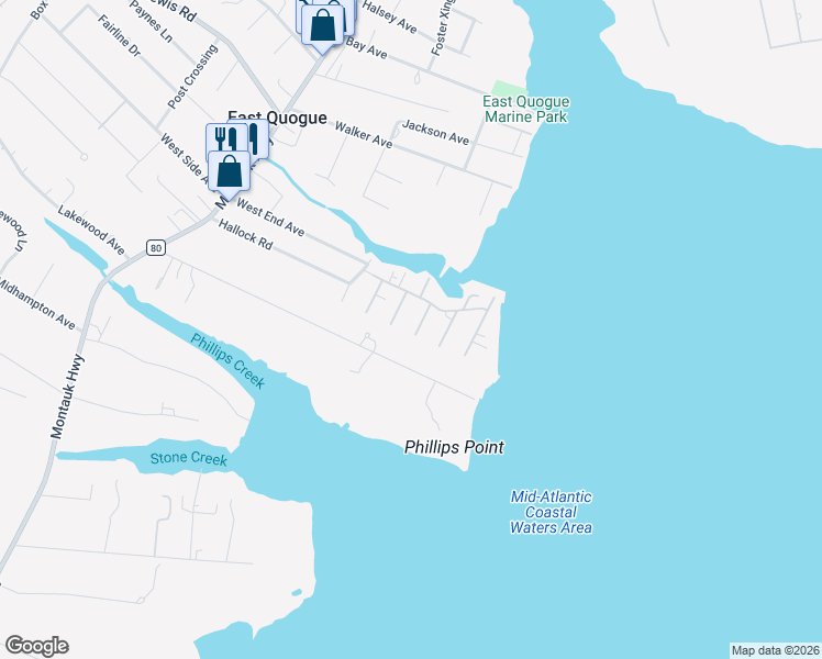 map of restaurants, bars, coffee shops, grocery stores, and more near 6 Grand Avenue in East Quogue