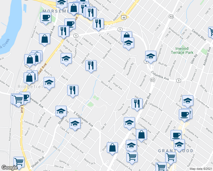 map of restaurants, bars, coffee shops, grocery stores, and more near Slocum Ave & Bruce St in Ridgefield