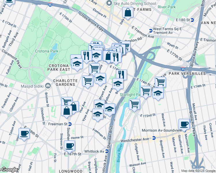 map of restaurants, bars, coffee shops, grocery stores, and more near in The Bronx