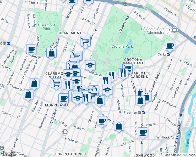map of restaurants, bars, coffee shops, grocery stores, and more near 638 Crotona Park South in Bronx