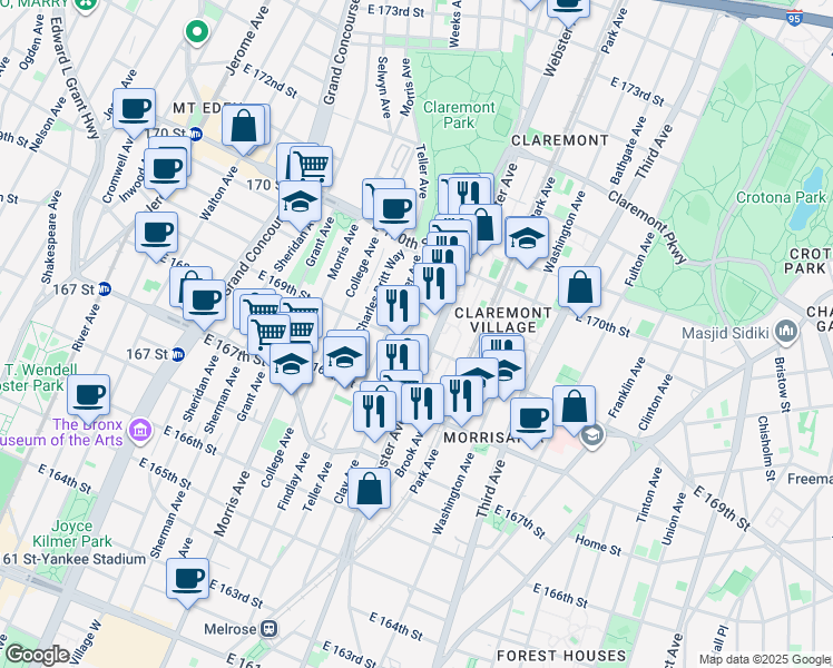 map of restaurants, bars, coffee shops, grocery stores, and more near in The Bronx