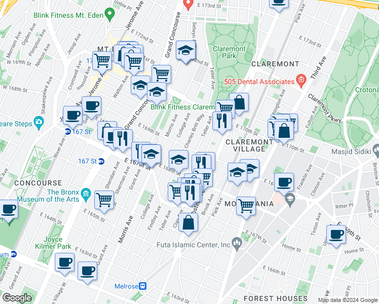 map of restaurants, bars, coffee shops, grocery stores, and more near 354 East 169th Street in Bronx