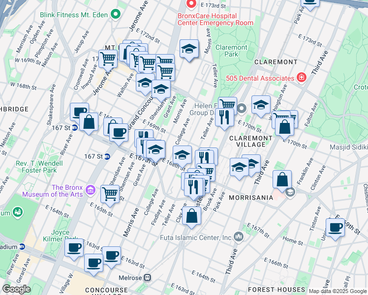 map of restaurants, bars, coffee shops, grocery stores, and more near 354 East 169th Street in Bronx