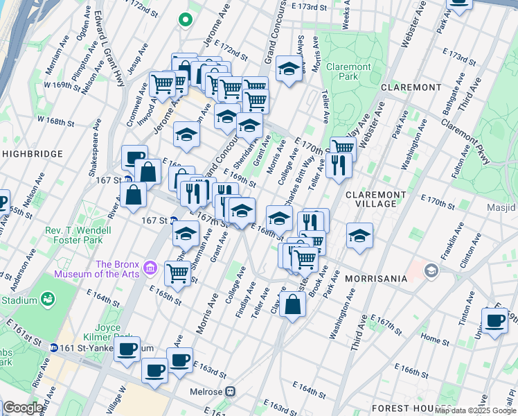 map of restaurants, bars, coffee shops, grocery stores, and more near in The Bronx