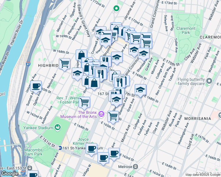 map of restaurants, bars, coffee shops, grocery stores, and more near in The Bronx