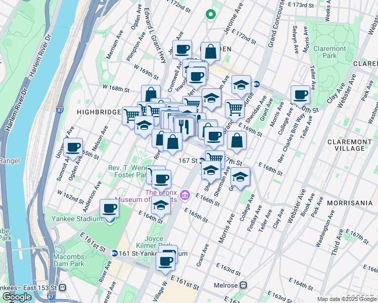 map of restaurants, bars, coffee shops, grocery stores, and more near in The Bronx