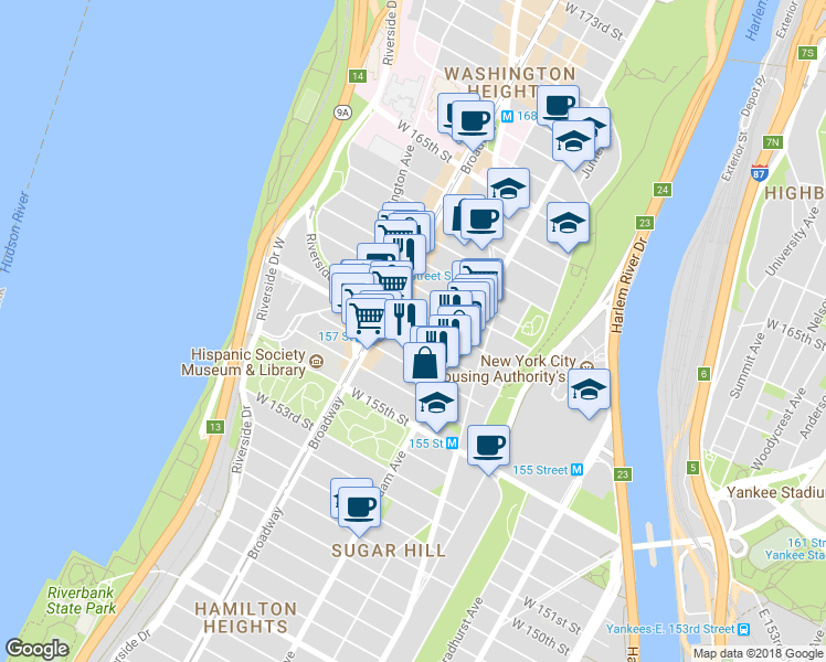 map of restaurants, bars, coffee shops, grocery stores, and more near 528 West 159th Street in New York
