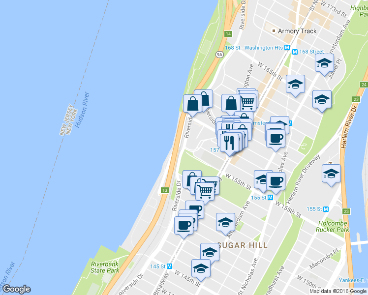 map of restaurants, bars, coffee shops, grocery stores, and more near 765 Riverside Drive in New York