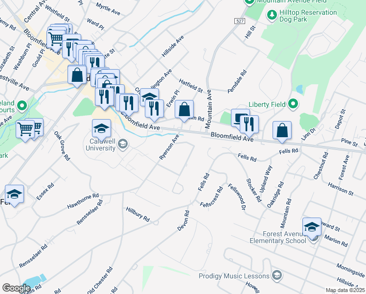 map of restaurants, bars, coffee shops, grocery stores, and more near 17 Fells Manor Road in Caldwell