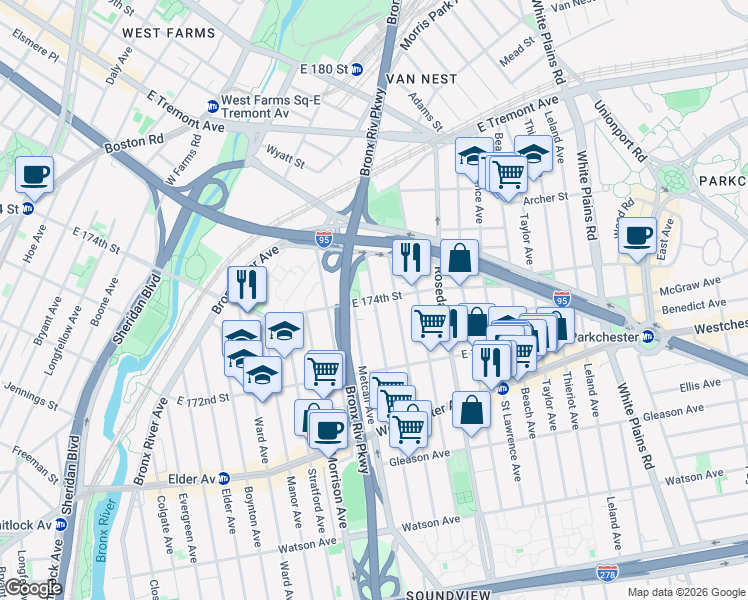 map of restaurants, bars, coffee shops, grocery stores, and more near East 174th Street & Fteley Avenue in Bronx