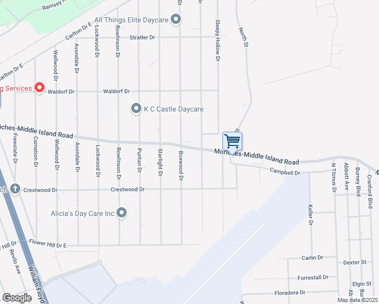 map of restaurants, bars, coffee shops, grocery stores, and more near 202 Moriches-Middle Island Road in Shirley