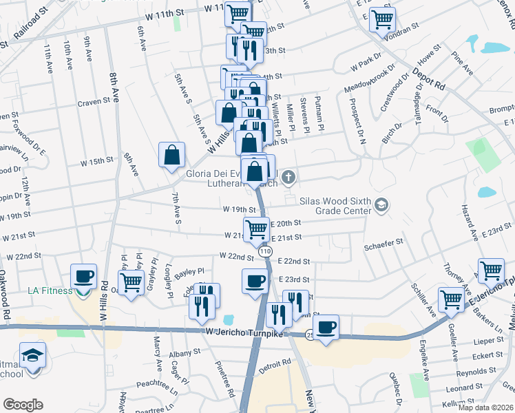map of restaurants, bars, coffee shops, grocery stores, and more near 19691973 New York Avenue in Huntington Station