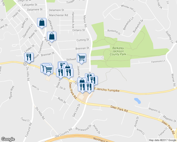 map of restaurants, bars, coffee shops, grocery stores, and more near 257 Manor Road in Huntington