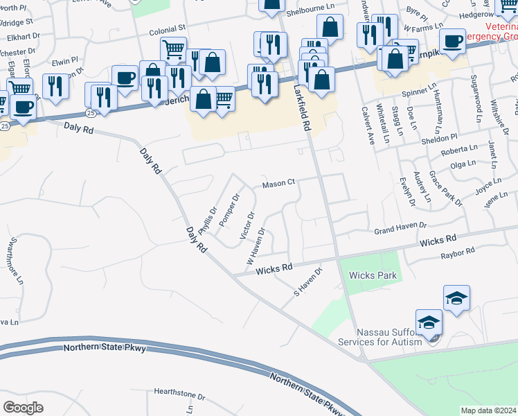 map of restaurants, bars, coffee shops, grocery stores, and more near 45 Victor Drive in East Northport