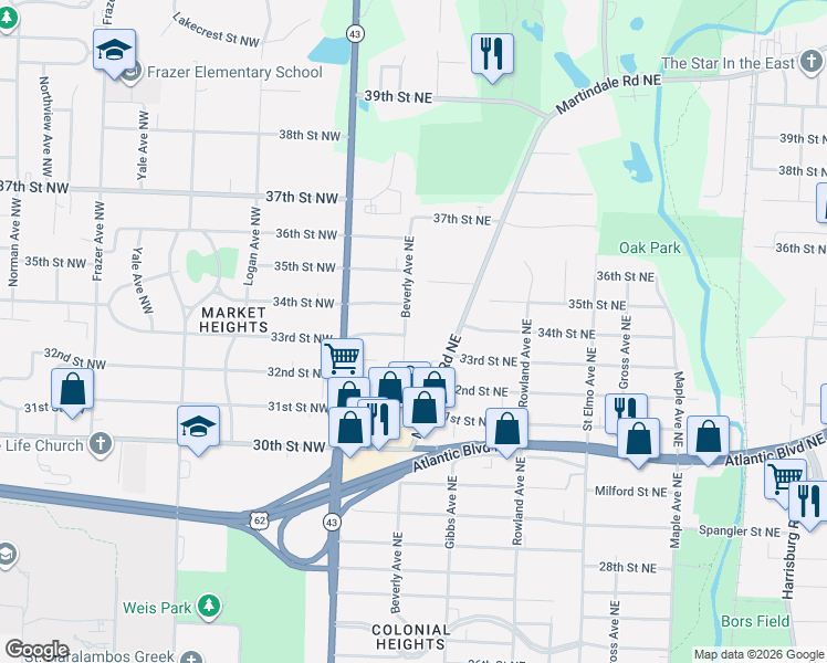 map of restaurants, bars, coffee shops, grocery stores, and more near 3304 Beverly Avenue Northeast in Canton